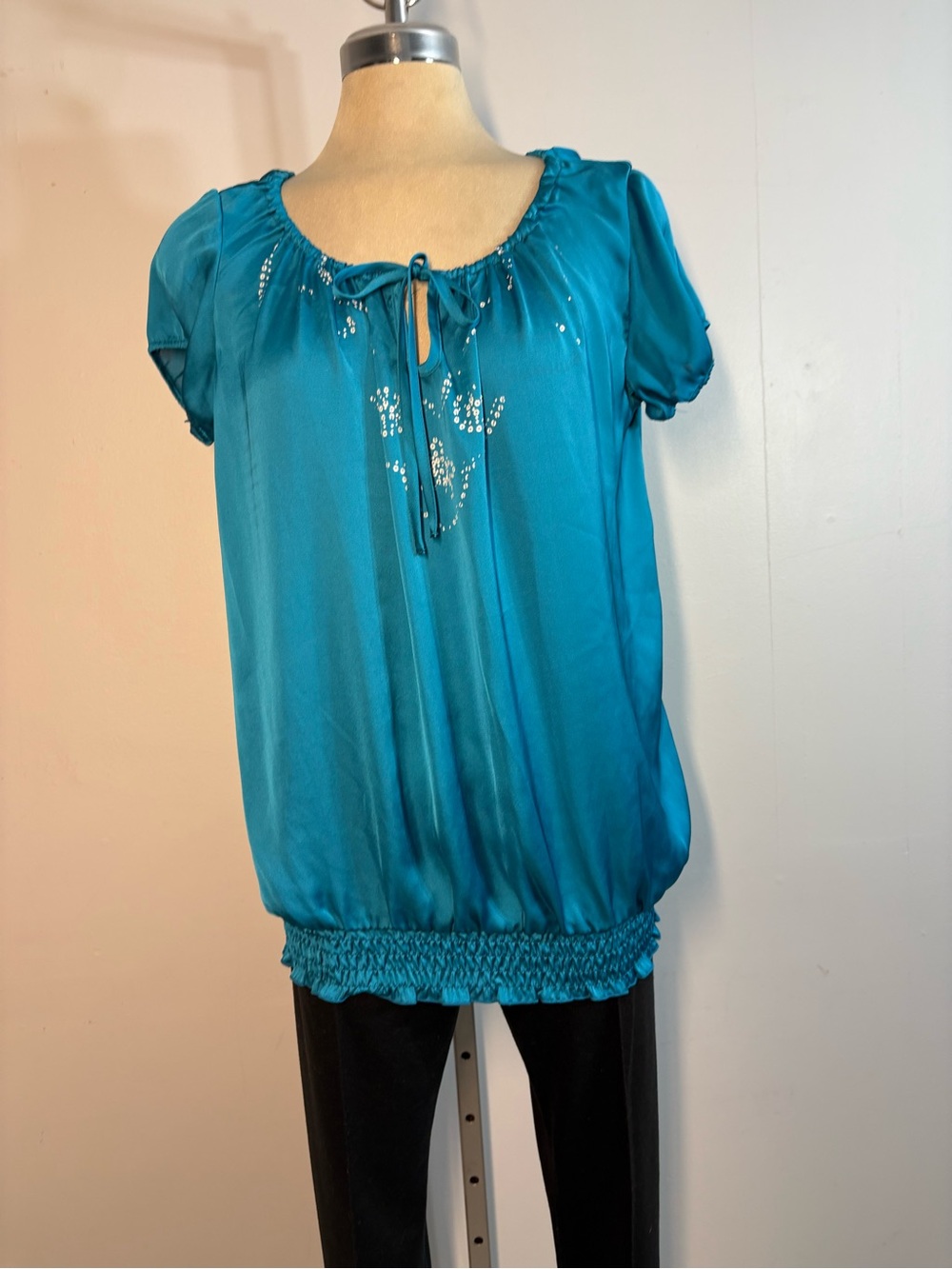 Women's Teal Short-Sleeve Tie-Neck Blouson Top